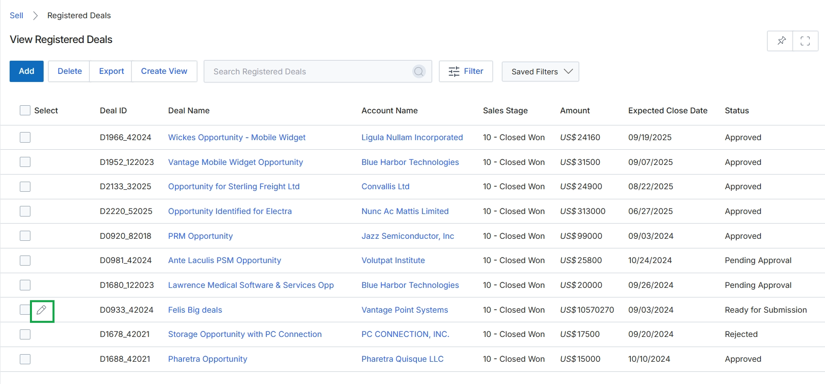 Registered Deals list view