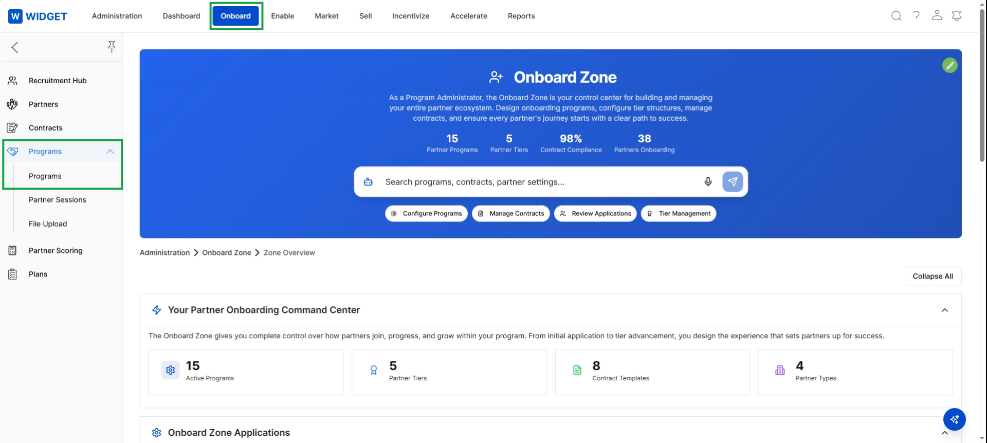 Onboard Zone overview with Programs menu expanded