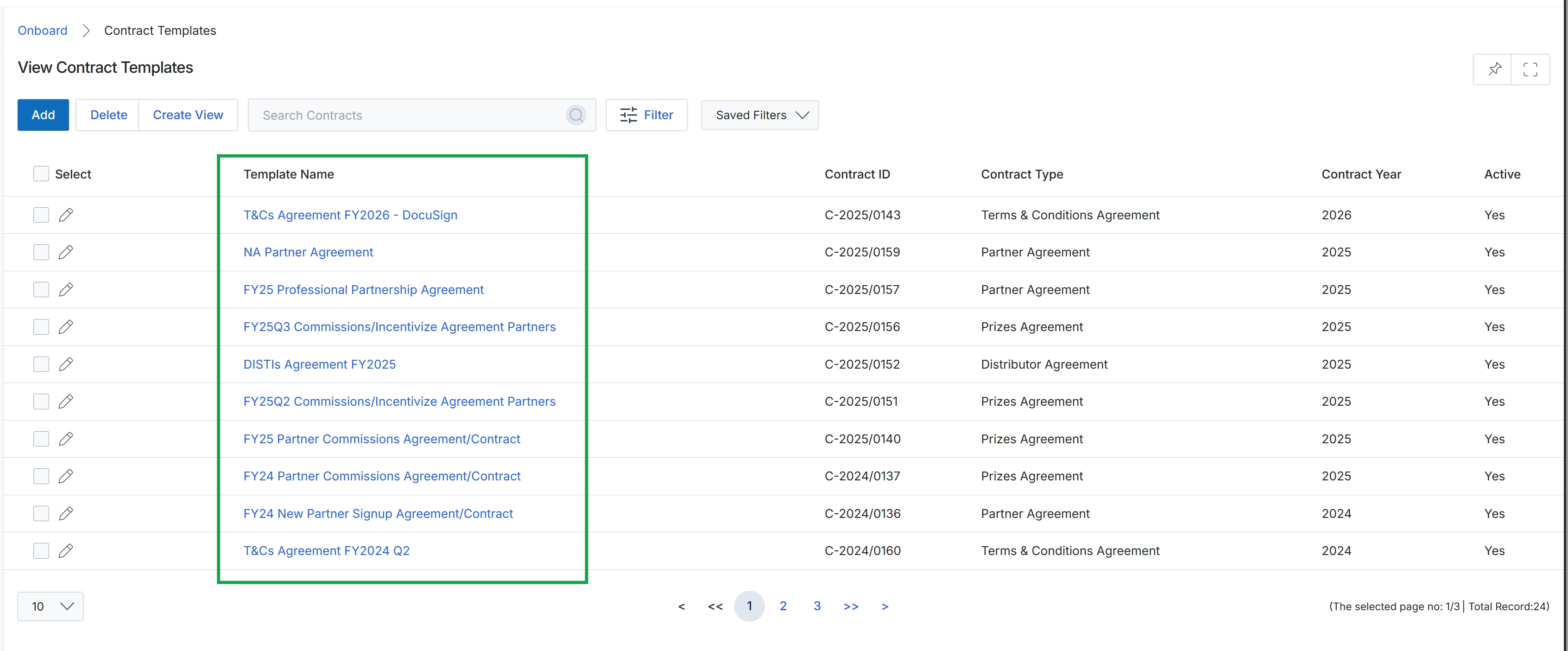 Contract templates listing