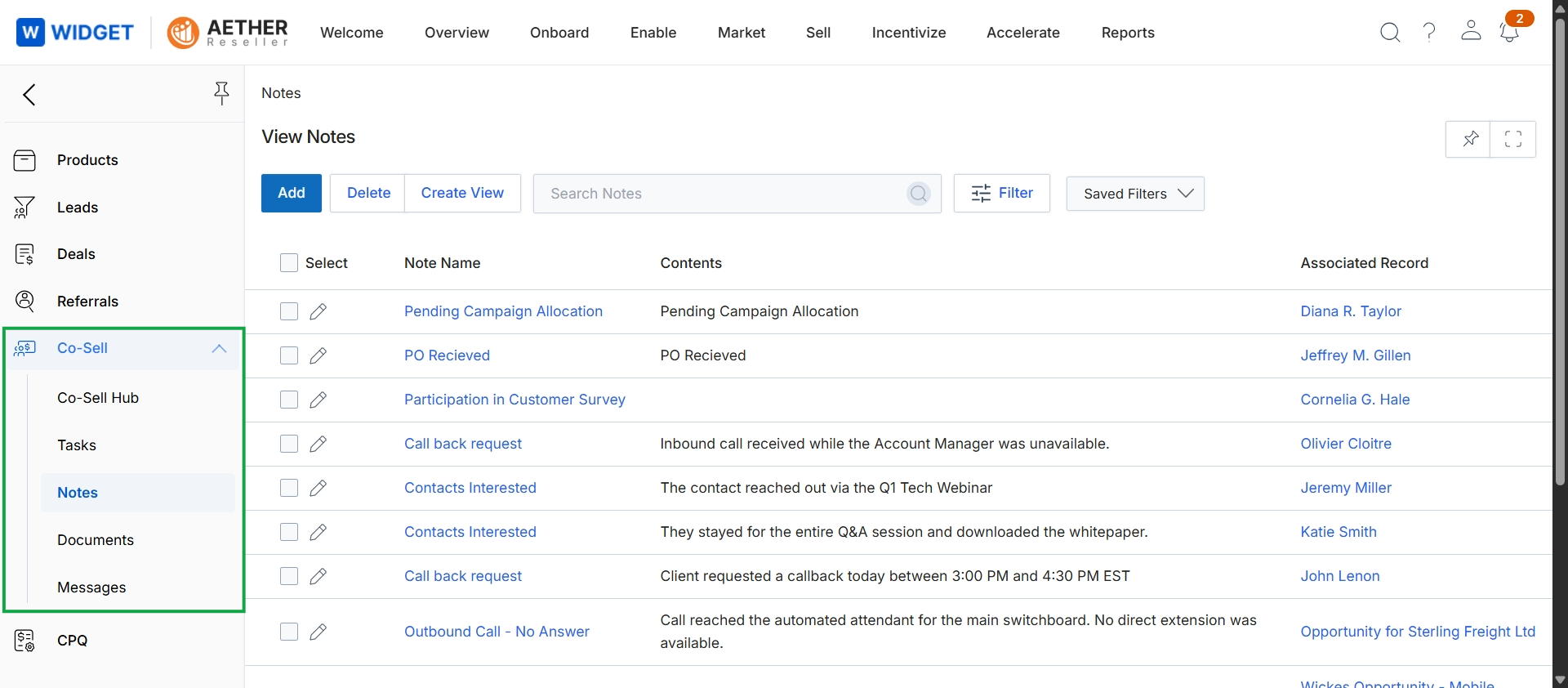 Co-Sell module with Notes selected