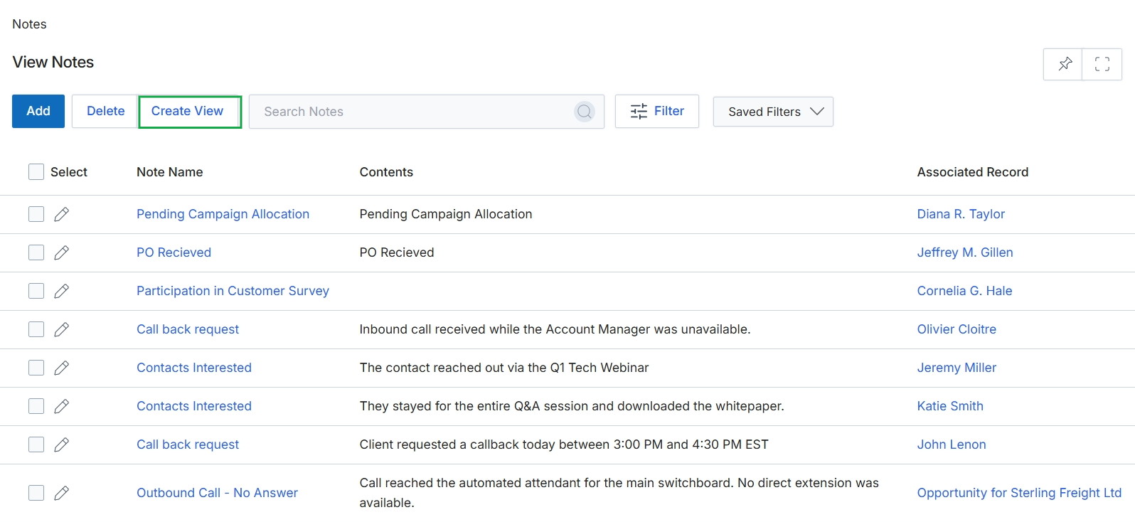 View Notes list page