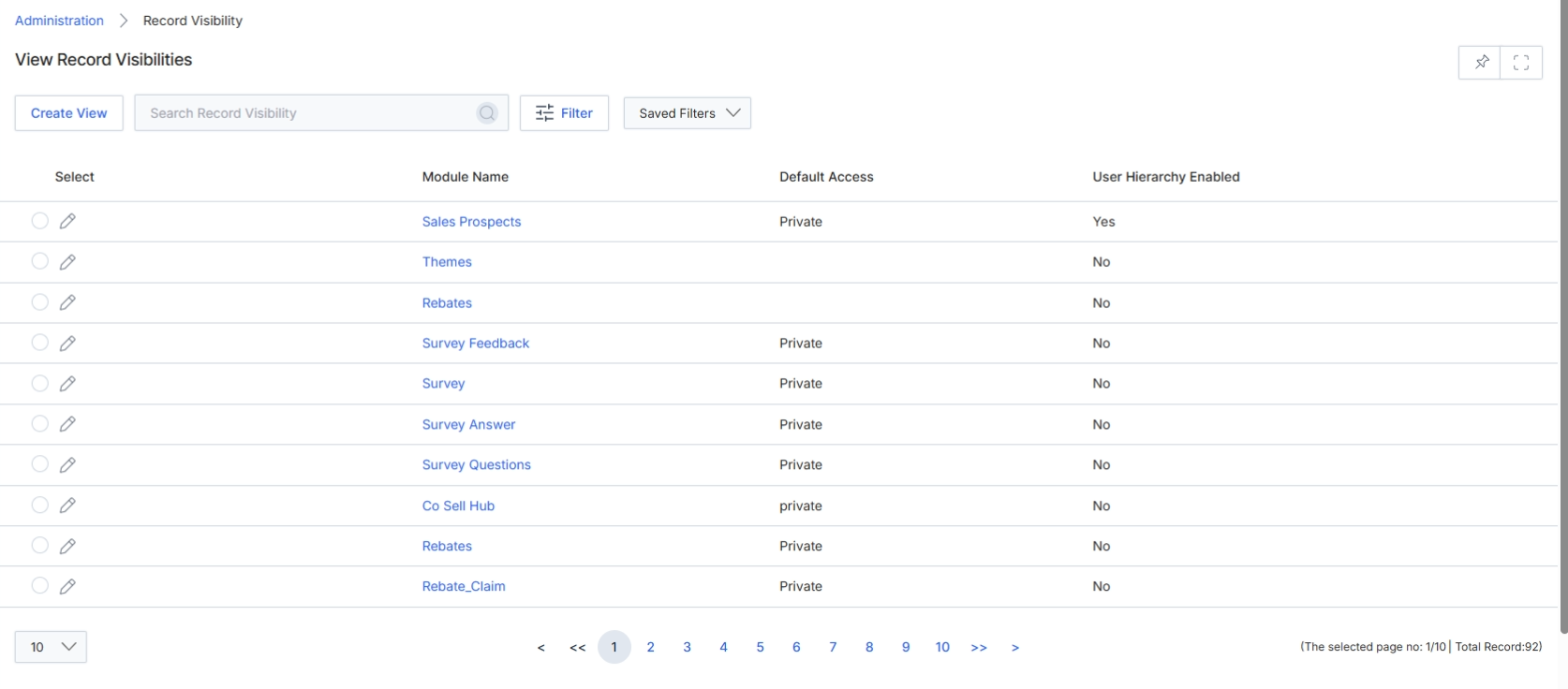 Record Visibilities list view