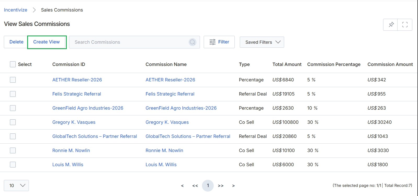 View Sales Commissions list with items selected