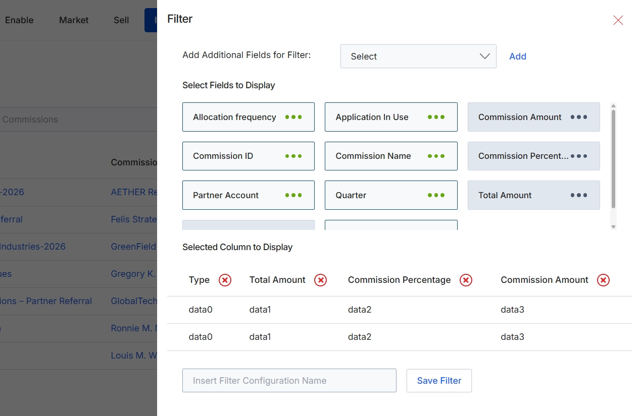Filter configuration dialog for commissions