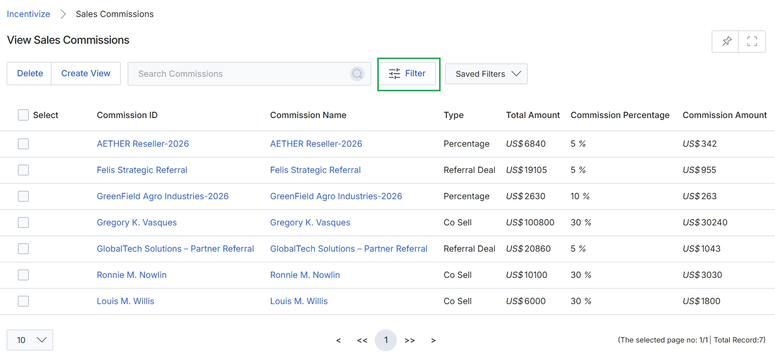 Sales Commissions list view