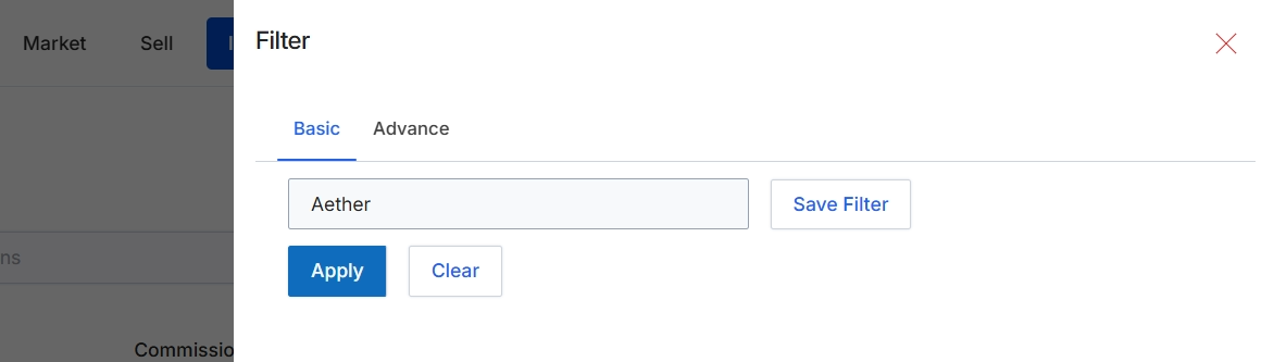 Sales Commissions Filter panel