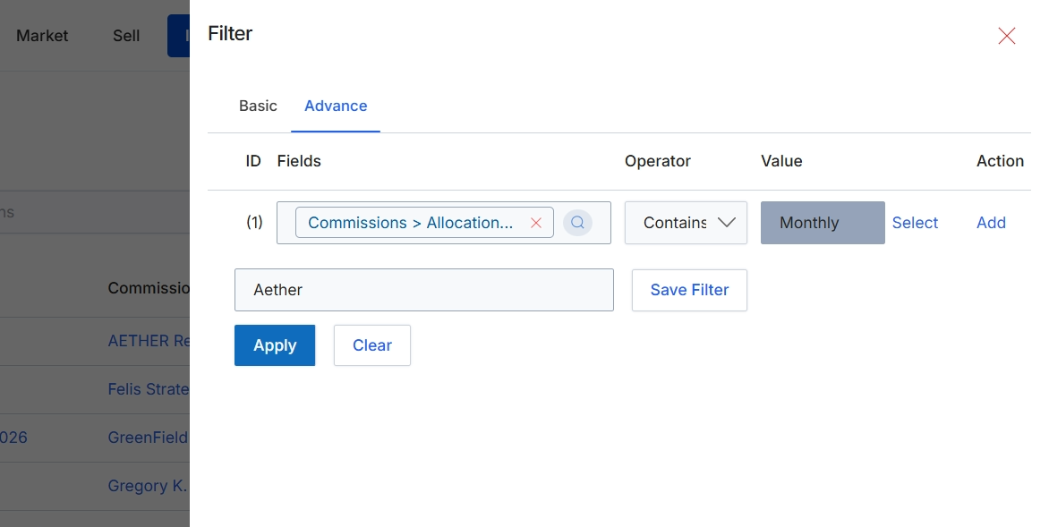 Advanced Filter dialog for Sales Commissions