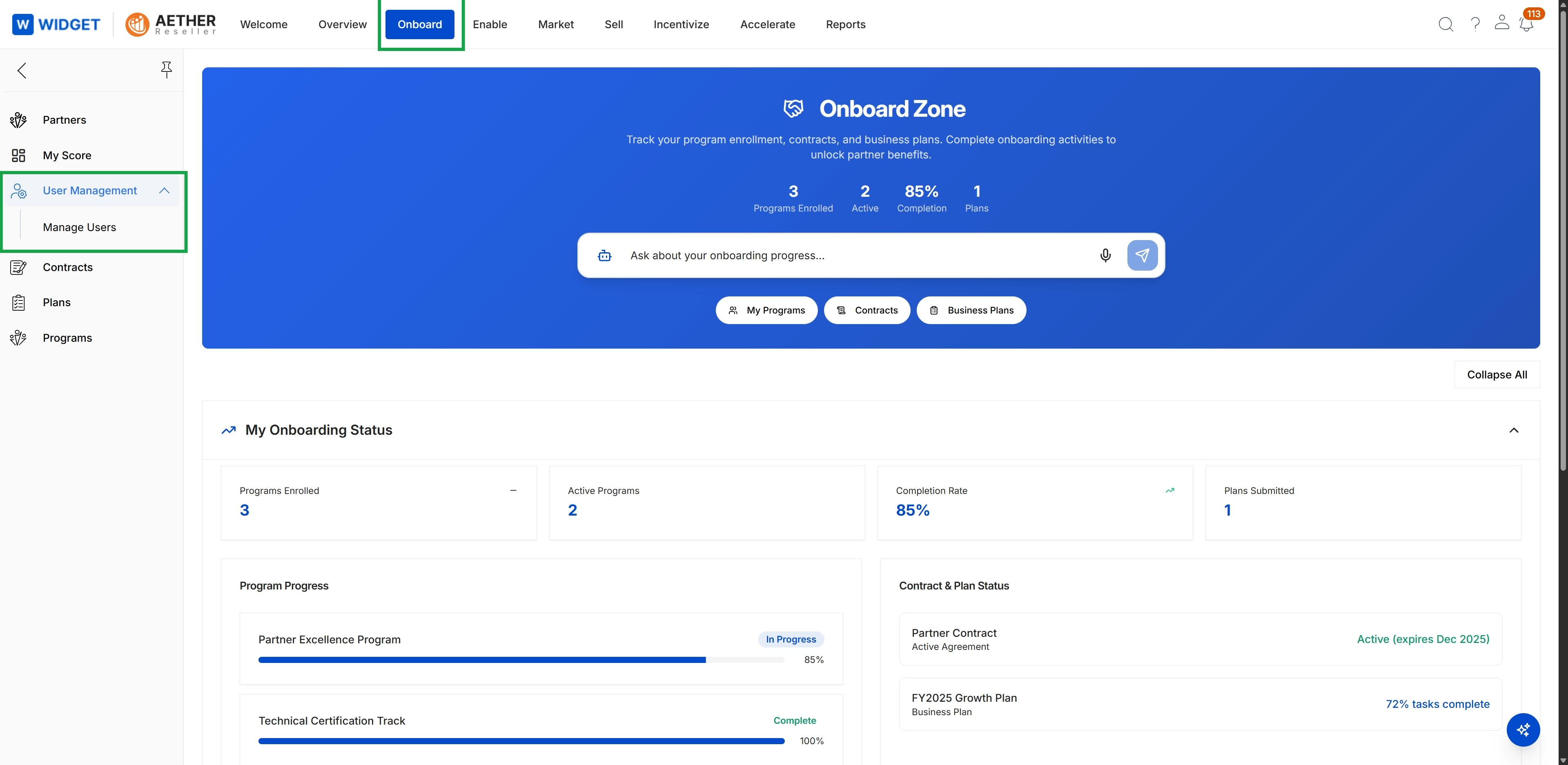 Onboard module with User Management menu expanded