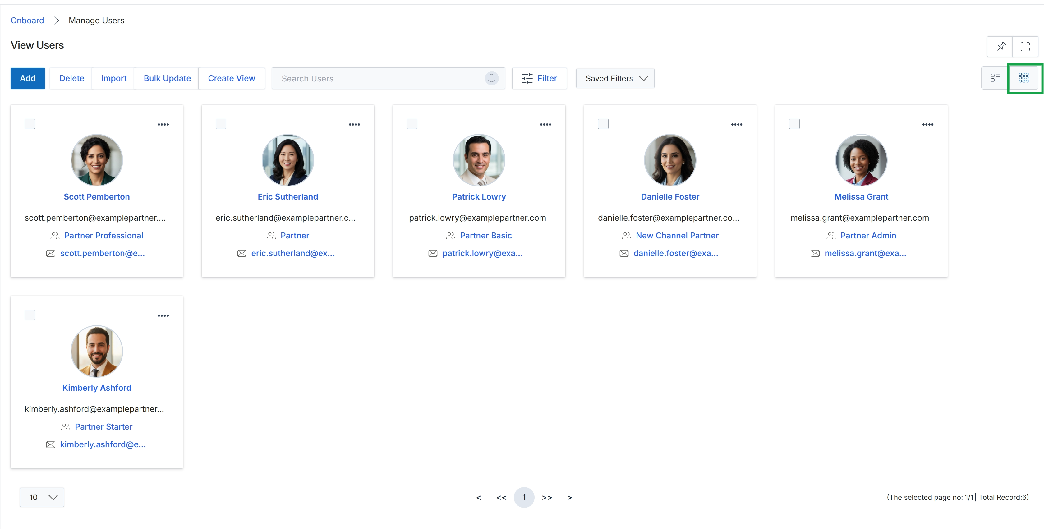 Manage Users page with Grid View selected
