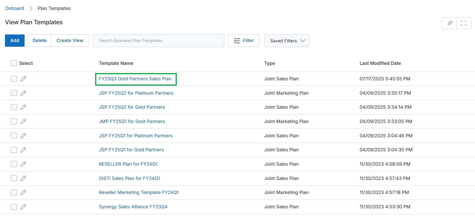 Plan Templates list view