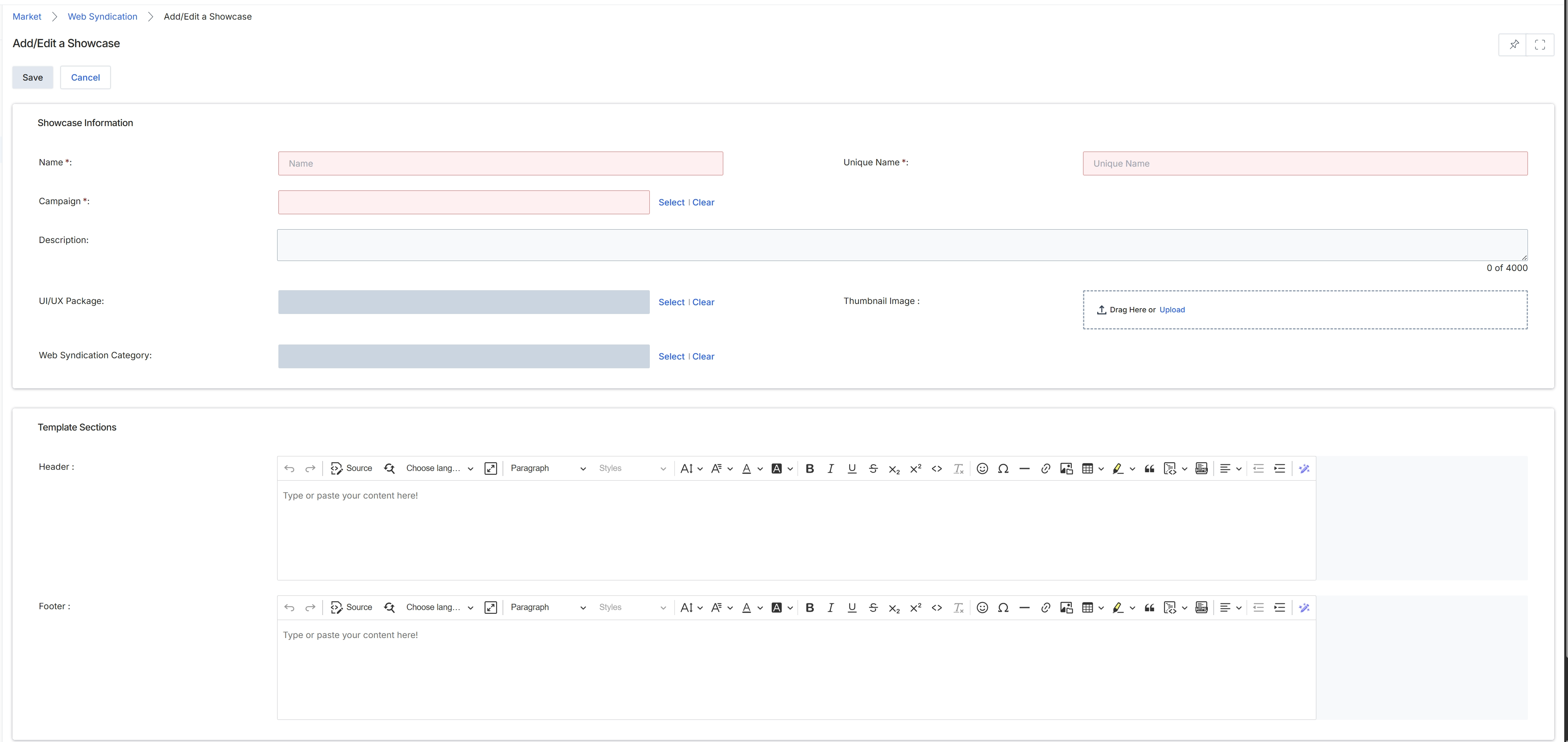 Add/Edit a Showcase form
