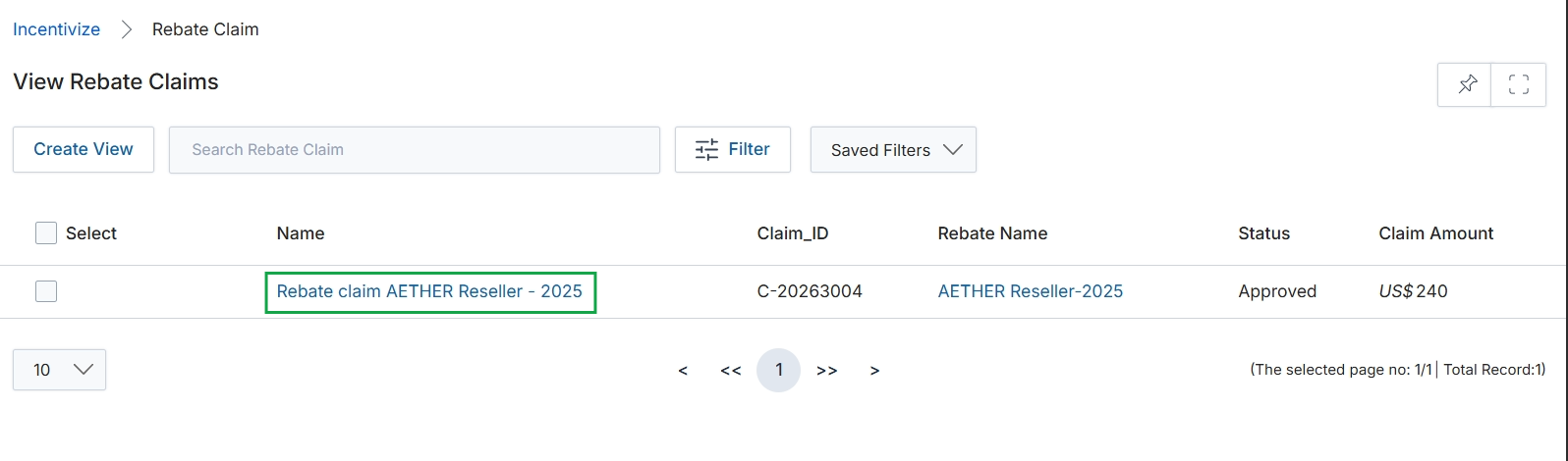 Rebate Claims list view