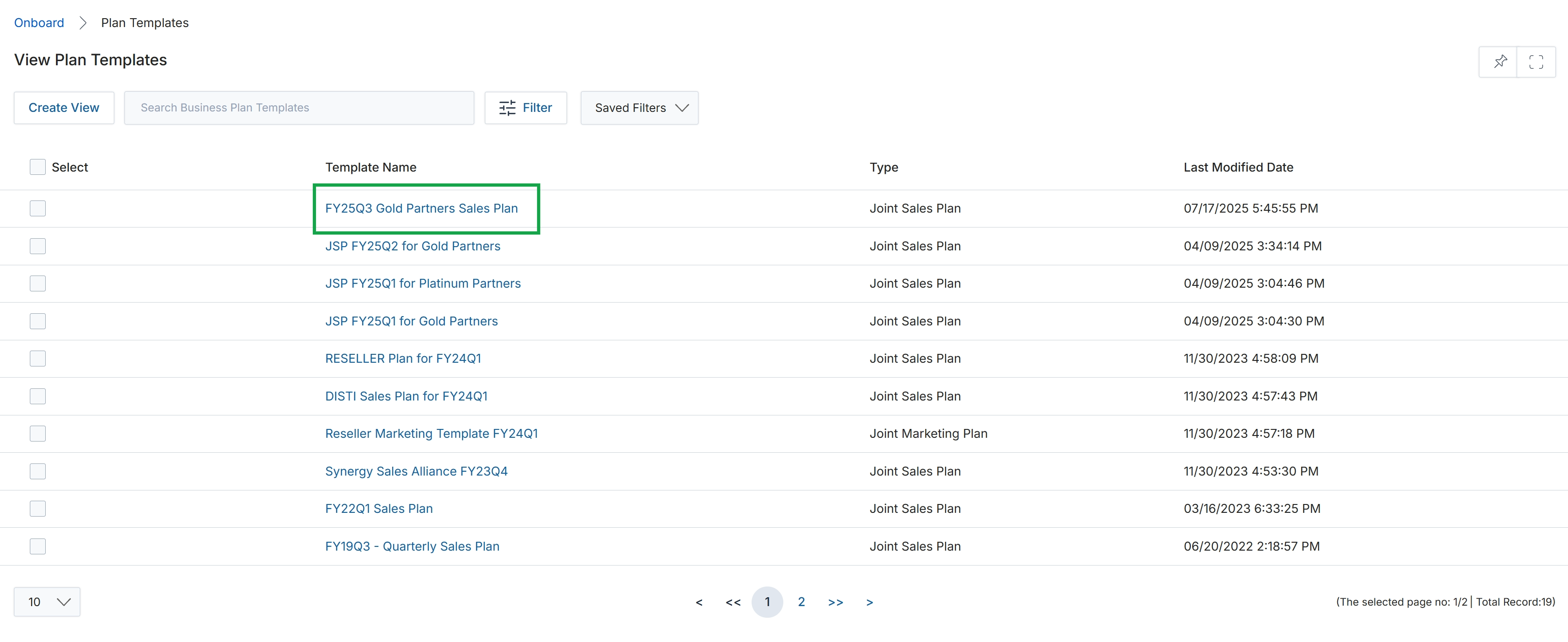 Plan Templates list view