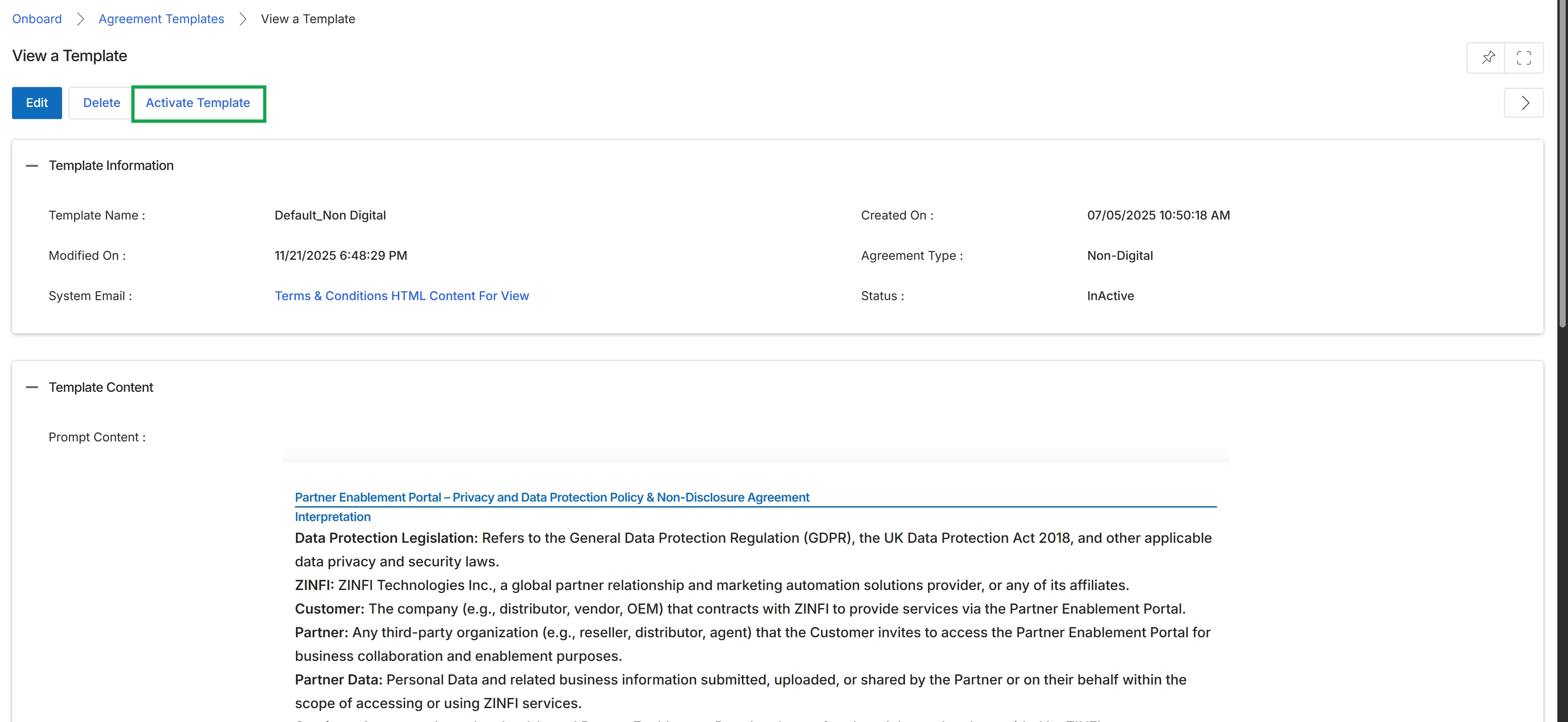 View a Template page with Activate Template button highlighted
