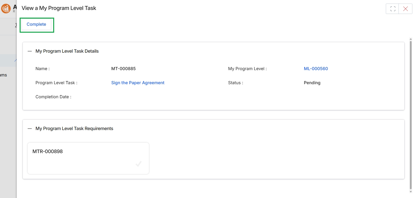 View My Program Level Task details