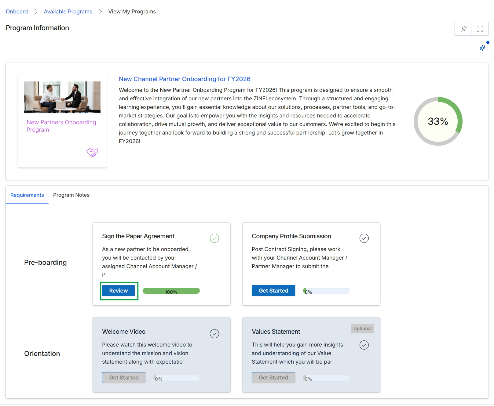 Partner program information and onboarding tasks