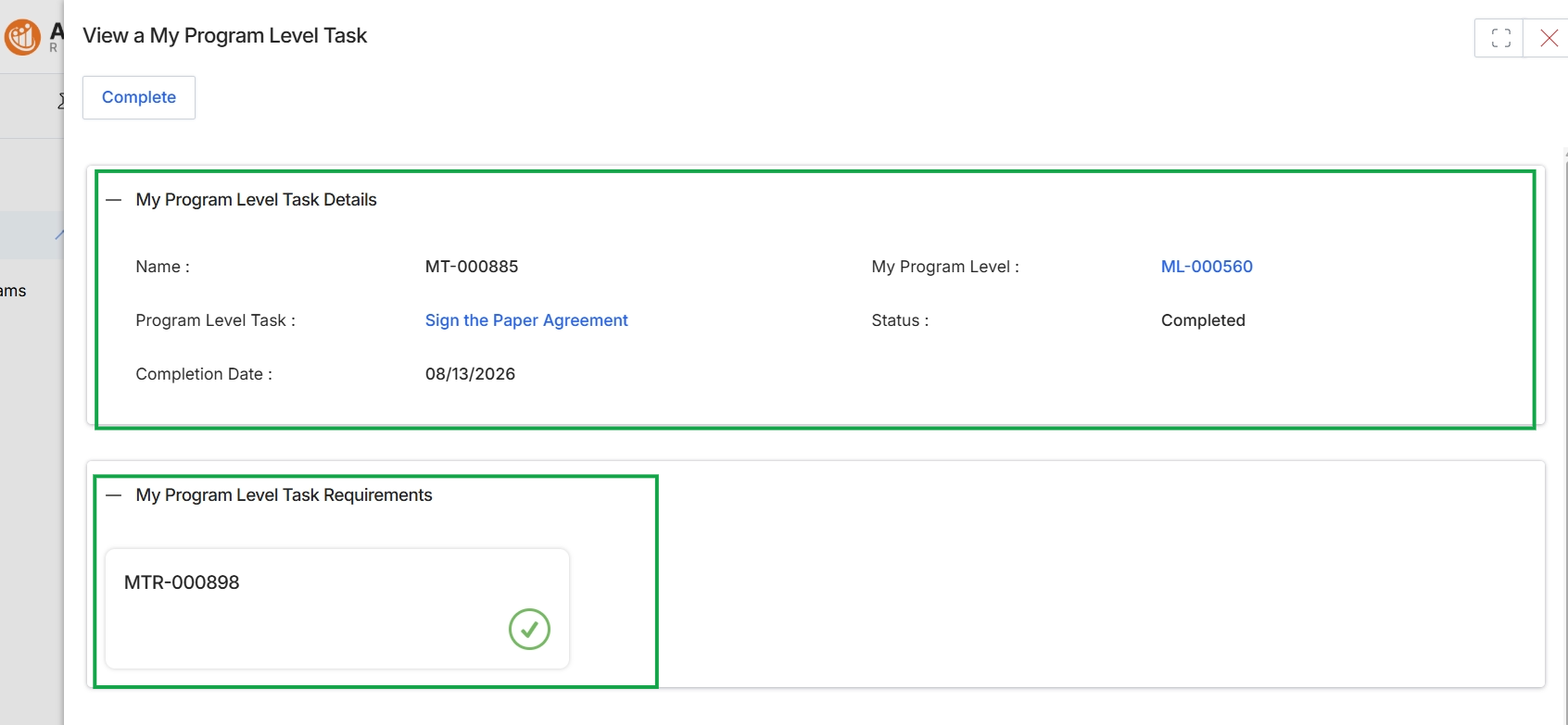 Program level task detail view