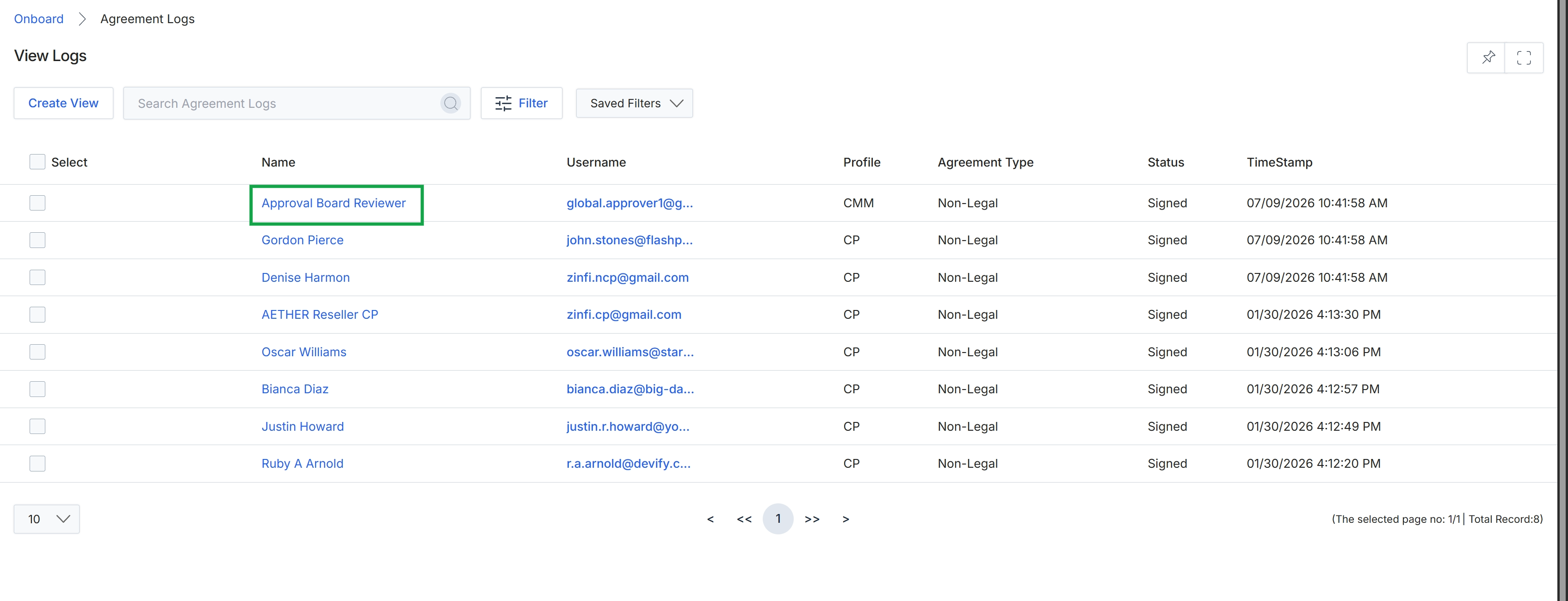 Agreement Logs list view