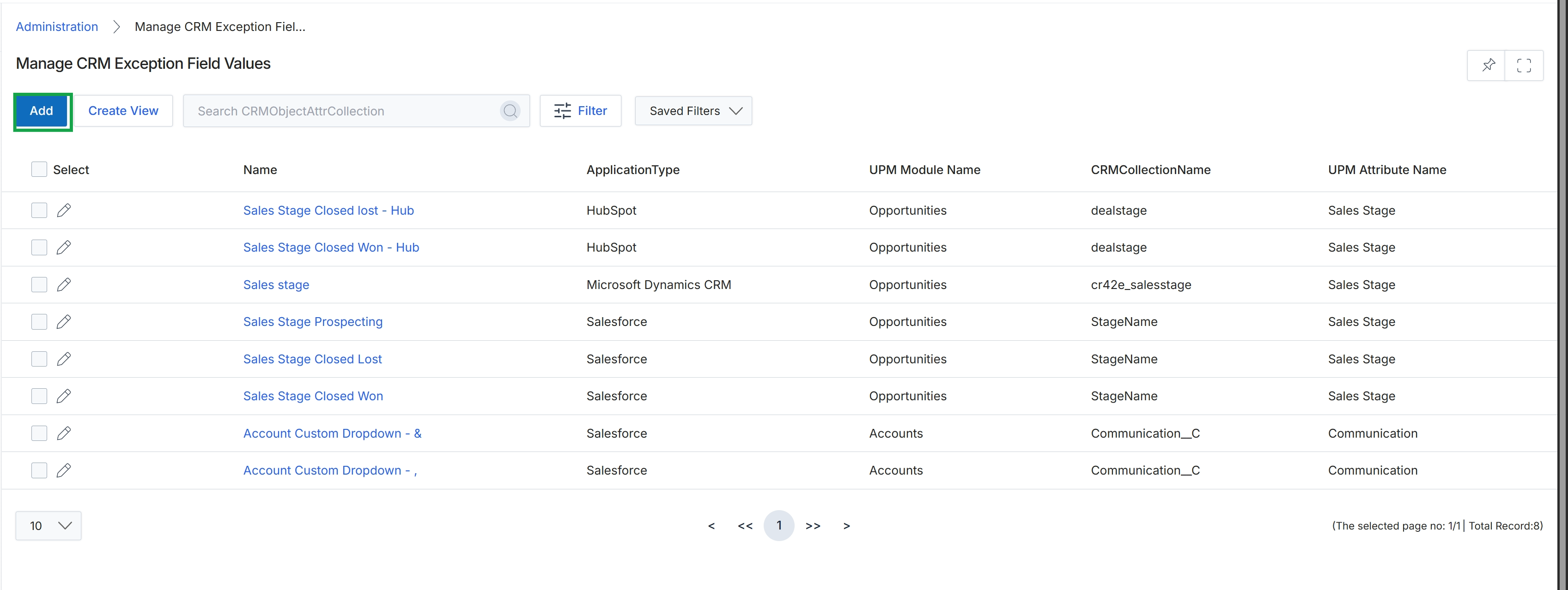 Manage CRM Exception Field Values list view