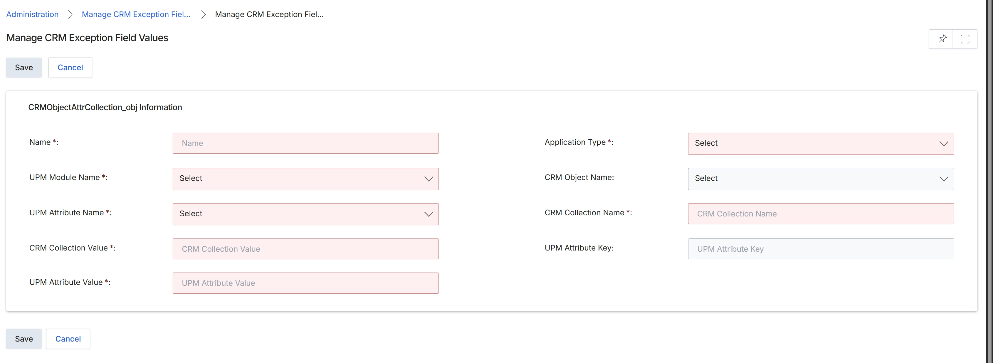 Manage CRM Exception Field Values form