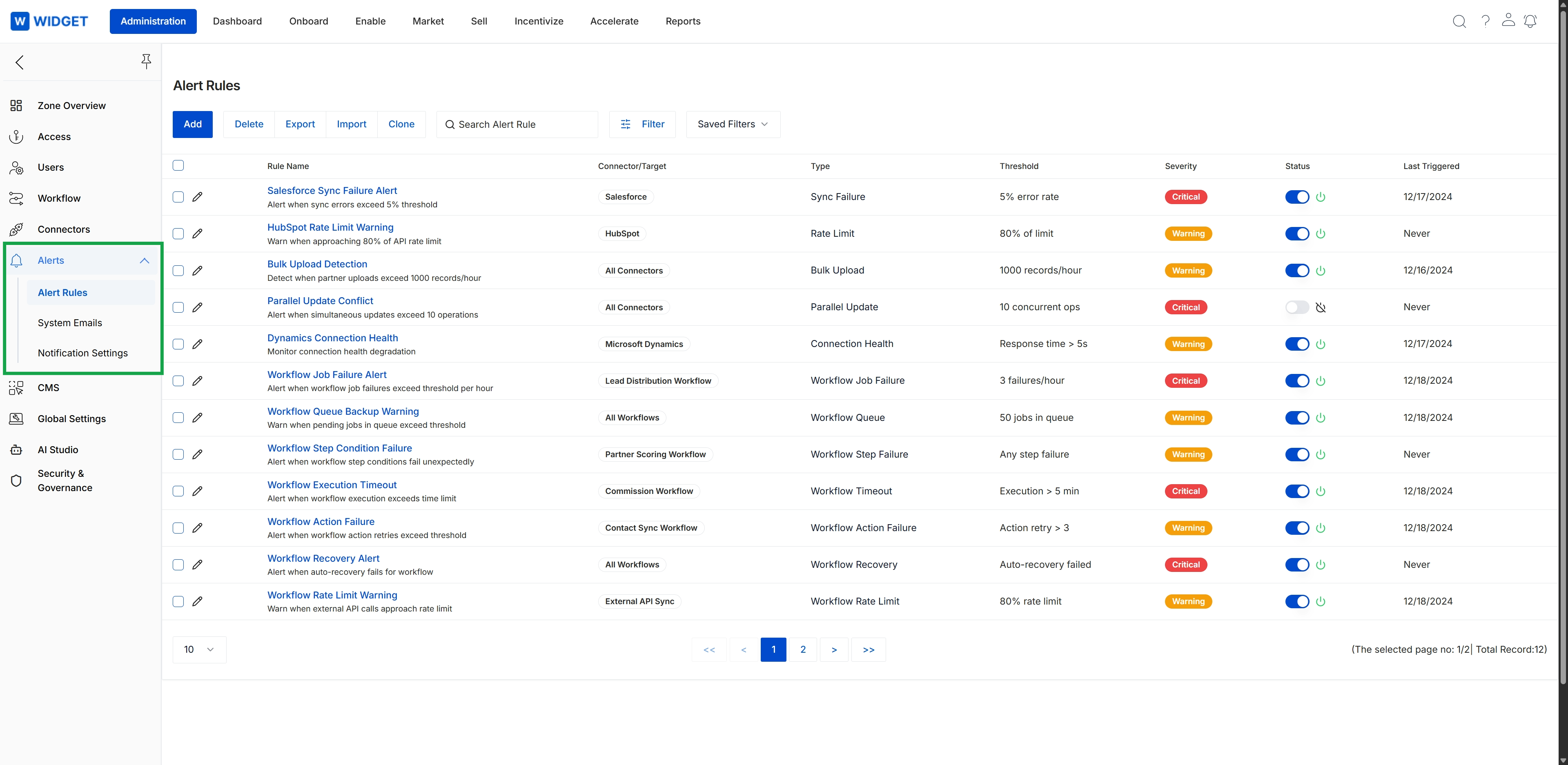 Alert Rules list view