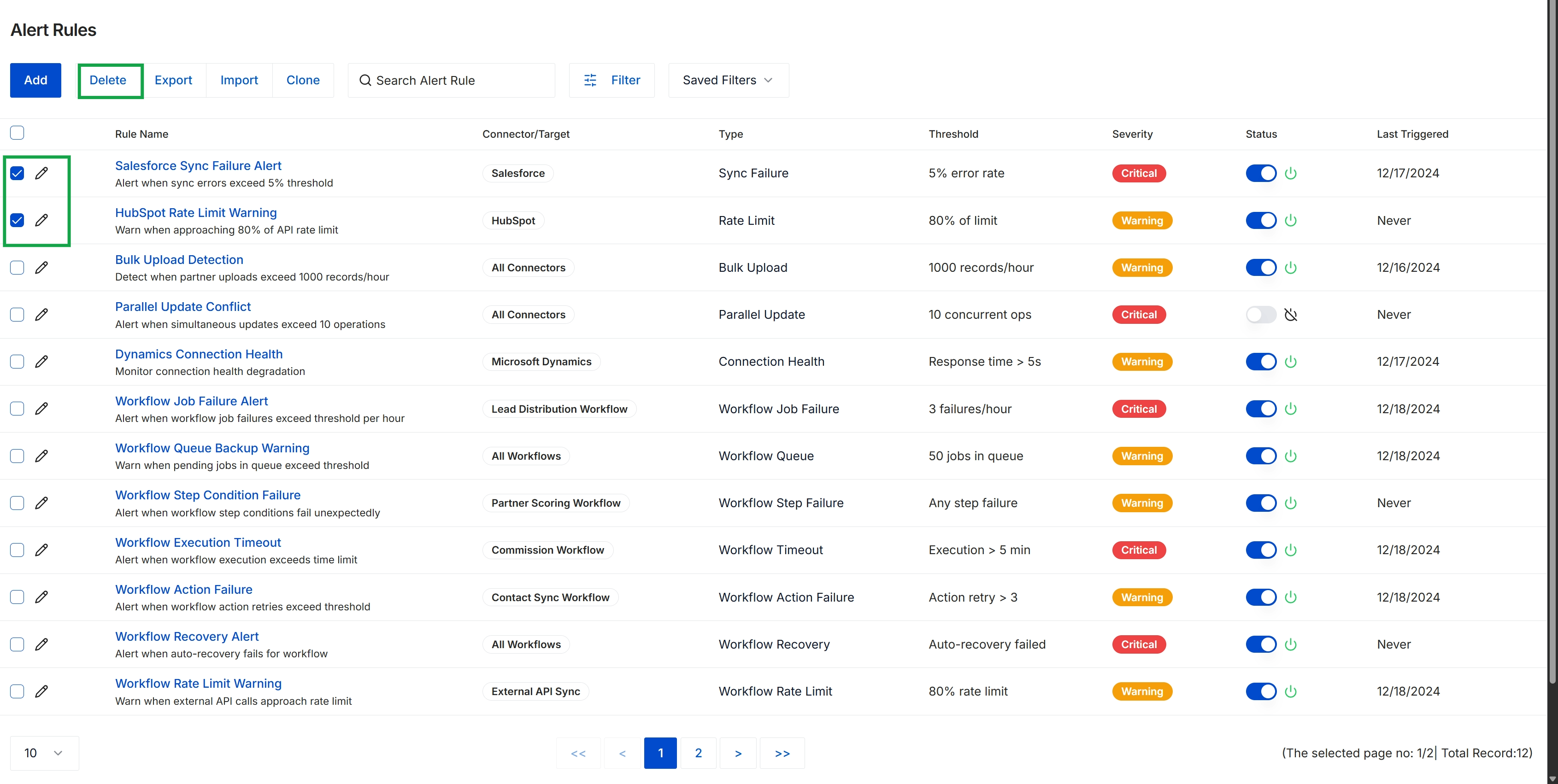 Alert Rules list view