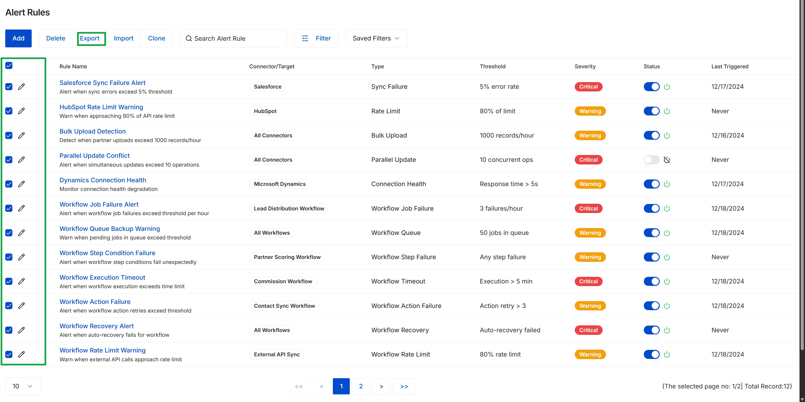 Alert Rules list view with all items selected