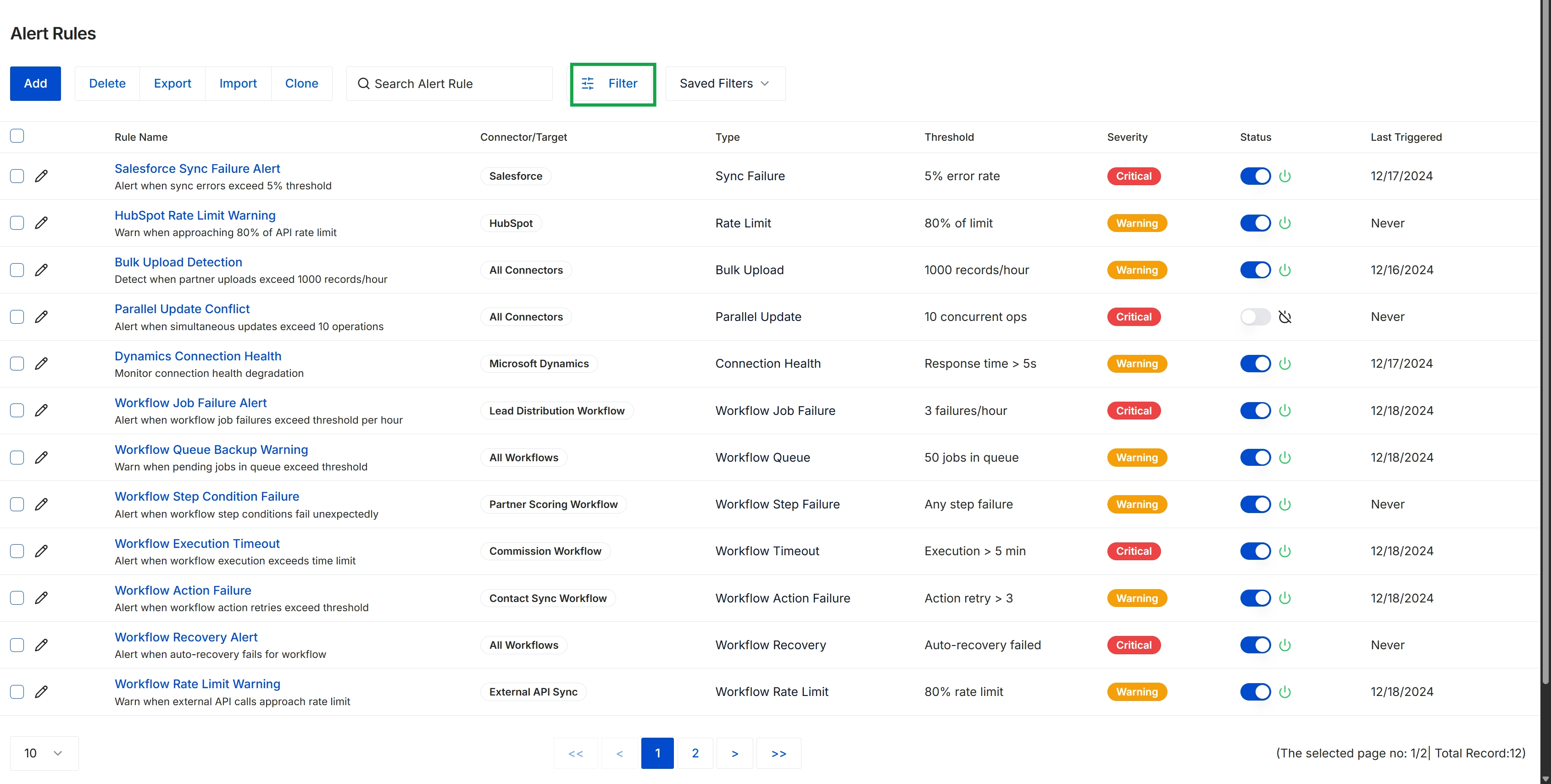 Alert Rules list view