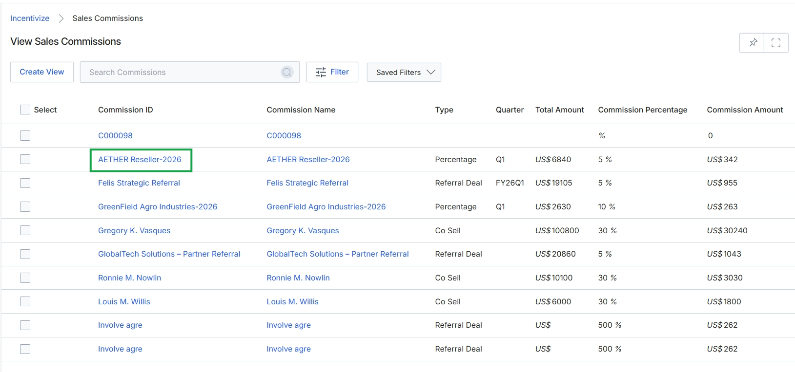 Sales Commissions list view