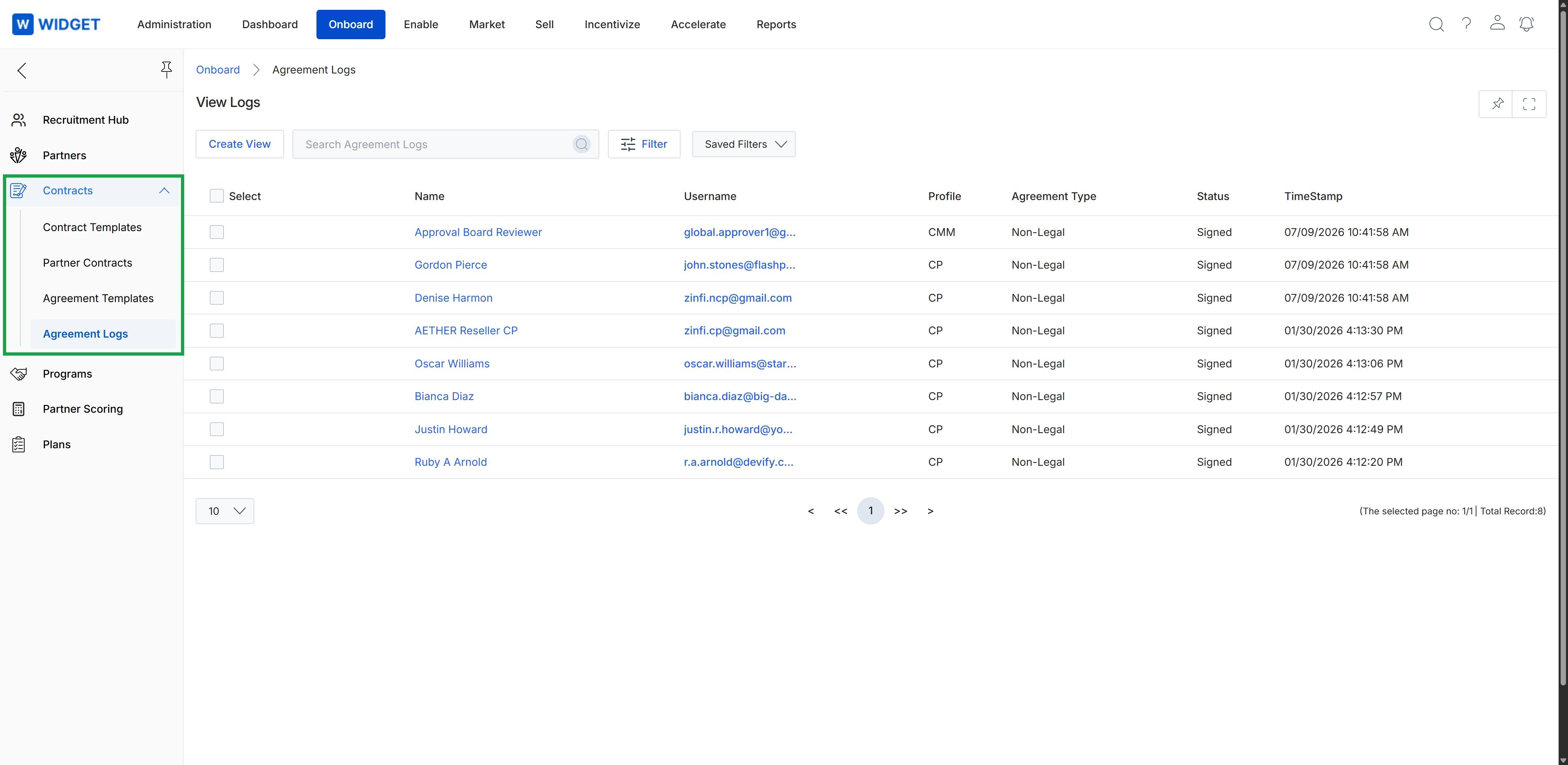 Agreement Logs list view