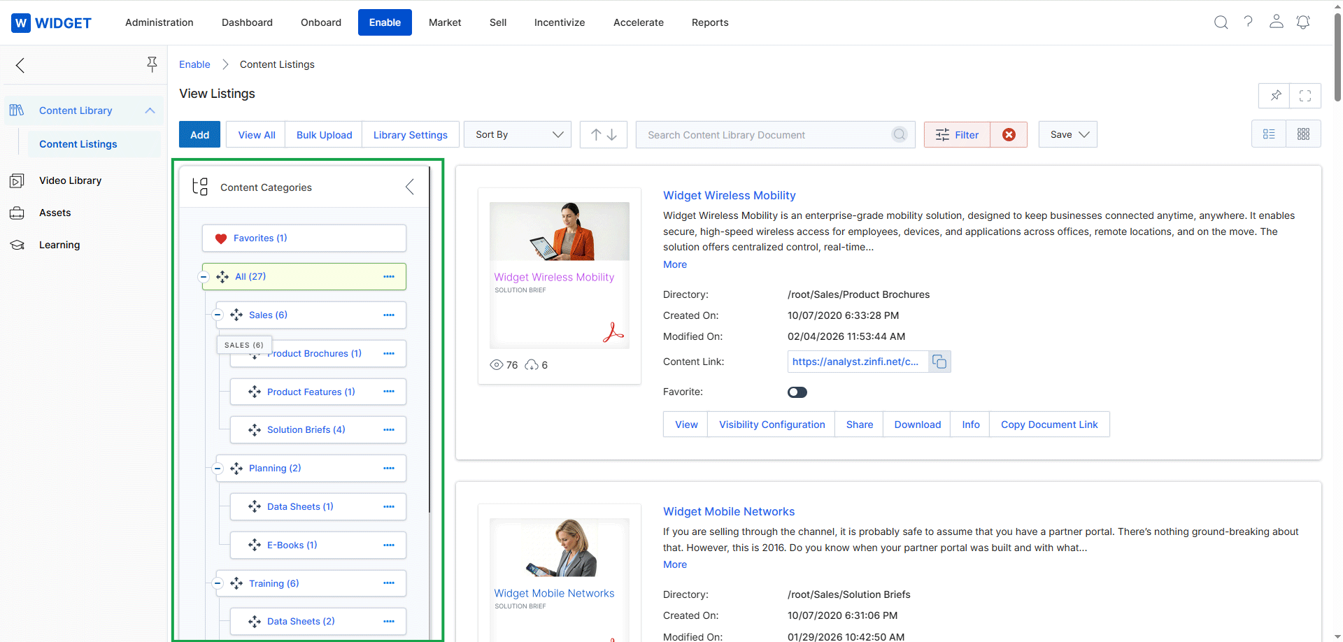 This screen displays the content categories used to organize assets within the Content Library of the Enable module. It presents a hierarchical tree view of categories and subcategories, allowing vendors to structure their marketing and sales materials logically. Each category shows the number of assets it contains, facilitating content management and navigation for both vendors and partners. This categorization system ensures that partners can easily find relevant resources in their portal, supporting the asset management workflow.