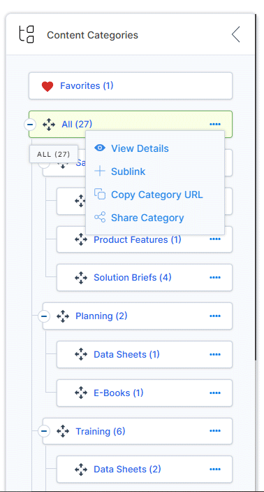 Click the ellipsis icon next to a content category to open a context menu with actions related to that category.