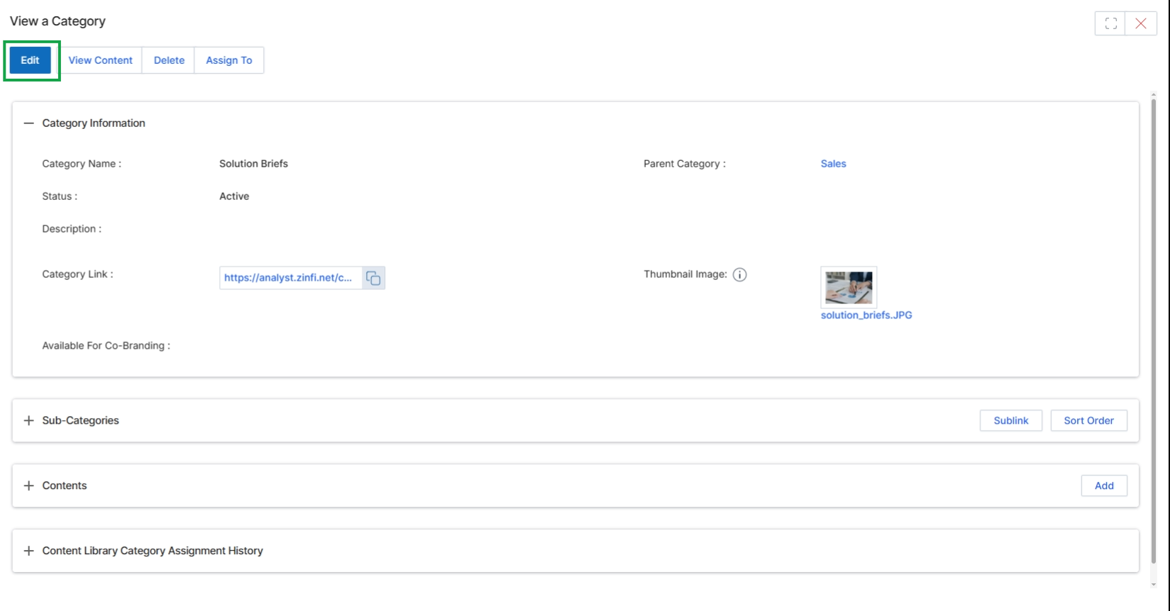 Click the Edit button to access the "Add/Edit a Category" screen.