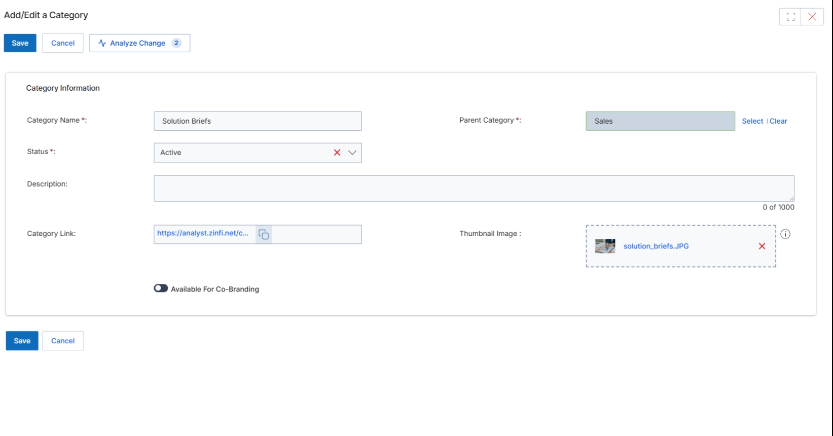This screen displays the Add/Edit Category form, which allows administrators to define and modify content categories within the Content Library. Content categories are essential for organizing various assets such as documents, videos, and learning materials, making them easily discoverable by partners. Each category can have a name, a parent category for hierarchical organization, a status to control its visibility, and an optional description. Additionally, categories can be linked to external resources and associated with a thumbnail image for visual identification. The form also supports co-branding options, enabling partners to customize content within specific categories. This structured categorization facilitates efficient content management and ensures that partners can quickly find relevant enablement resources.