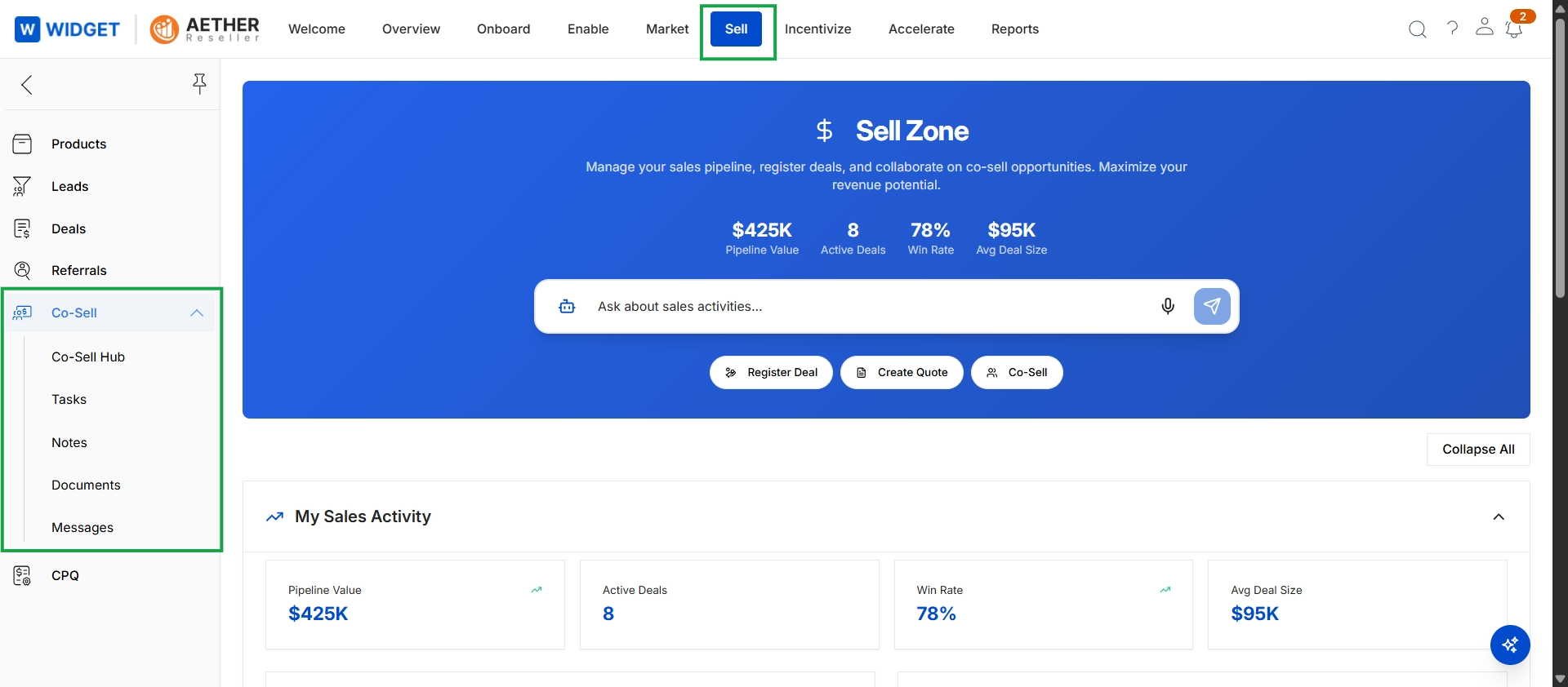 Sell Zone dashboard with Co-Sell menu expanded