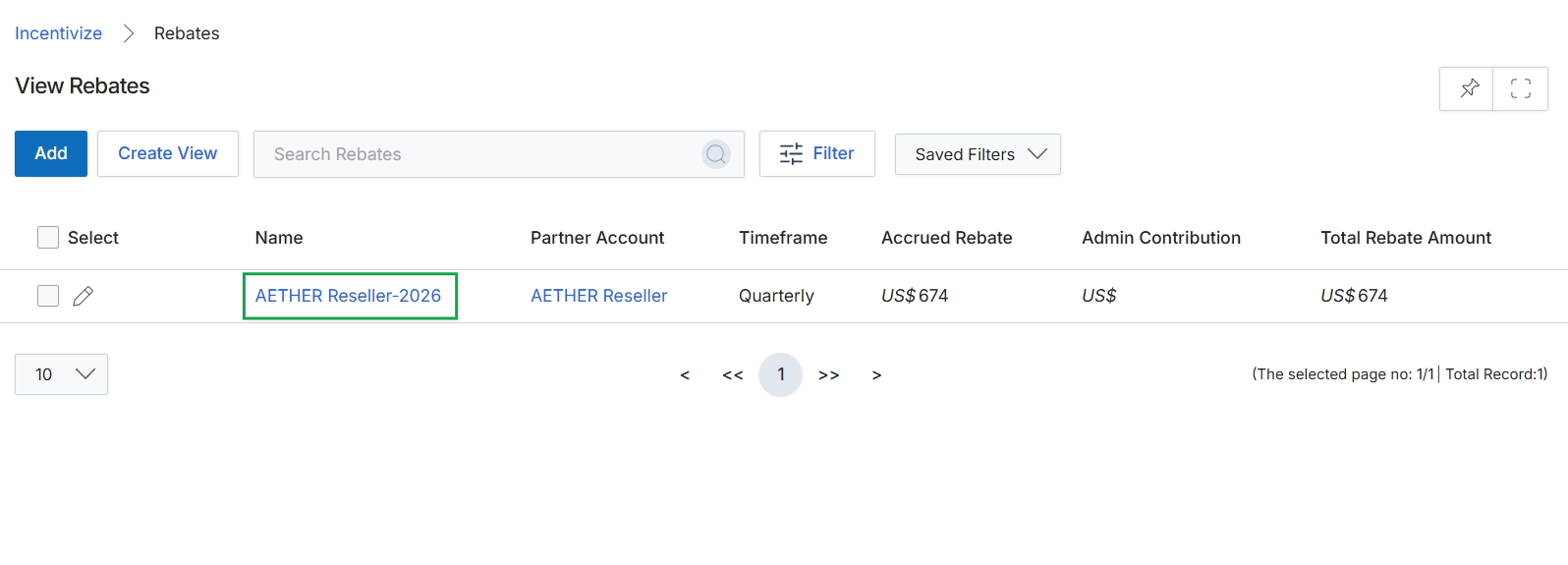 Rebates list view