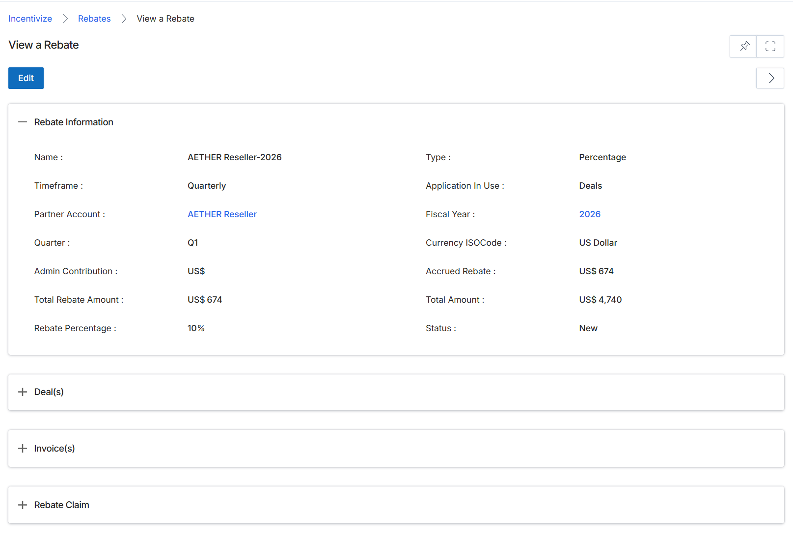 View Rebate details screen