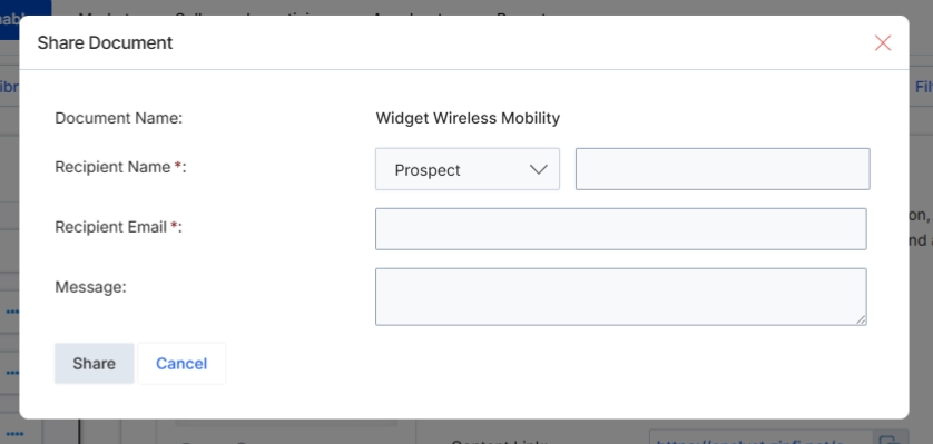 The 'Share Document' dialog box allows vendor administrators to share a specific content library document with external recipients, such as prospects or partners, directly from the UPM platform. This functionality is part of the Enable module's content management capabilities, enabling controlled distribution of marketing and sales assets. By specifying the recipient type and providing their contact details, administrators can ensure that relevant documents reach the intended audience, facilitating external communication and content dissemination. This dialog ensures that the sharing process is tracked and managed within the system, providing a record of who received which document.