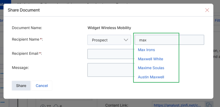 This screen displays a dialog for sharing a document, specifically demonstrating the recipient search functionality. As a user types into the 'Recipient Name' field, the system dynamically presents a dropdown list of matching contacts, allowing for quick selection of the intended recipient. This feature streamlines the process of sharing content from the Enable module's asset library by helping users efficiently locate and select existing contacts, such as prospects, for document distribution.