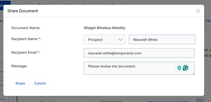 This dialog box facilitates the sharing of content library documents with external recipients, such as prospects. It allows vendors to securely distribute specific assets from their content library, ensuring that the right information reaches the intended audience. The sharing mechanism supports direct email delivery, enabling partners or vendor-side users to send relevant materials without requiring the recipient to log into the UPM portal. This feature is crucial for sales and marketing activities, allowing for quick dissemination of collateral to support lead nurturing and deal progression.