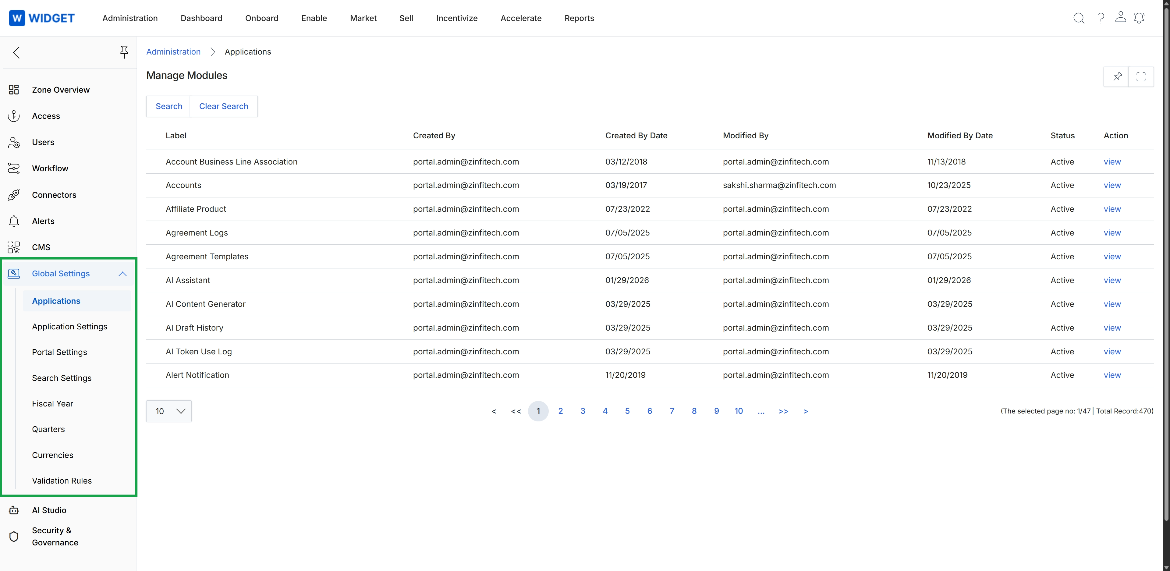Administration left navigation menu with Global Settings expanded