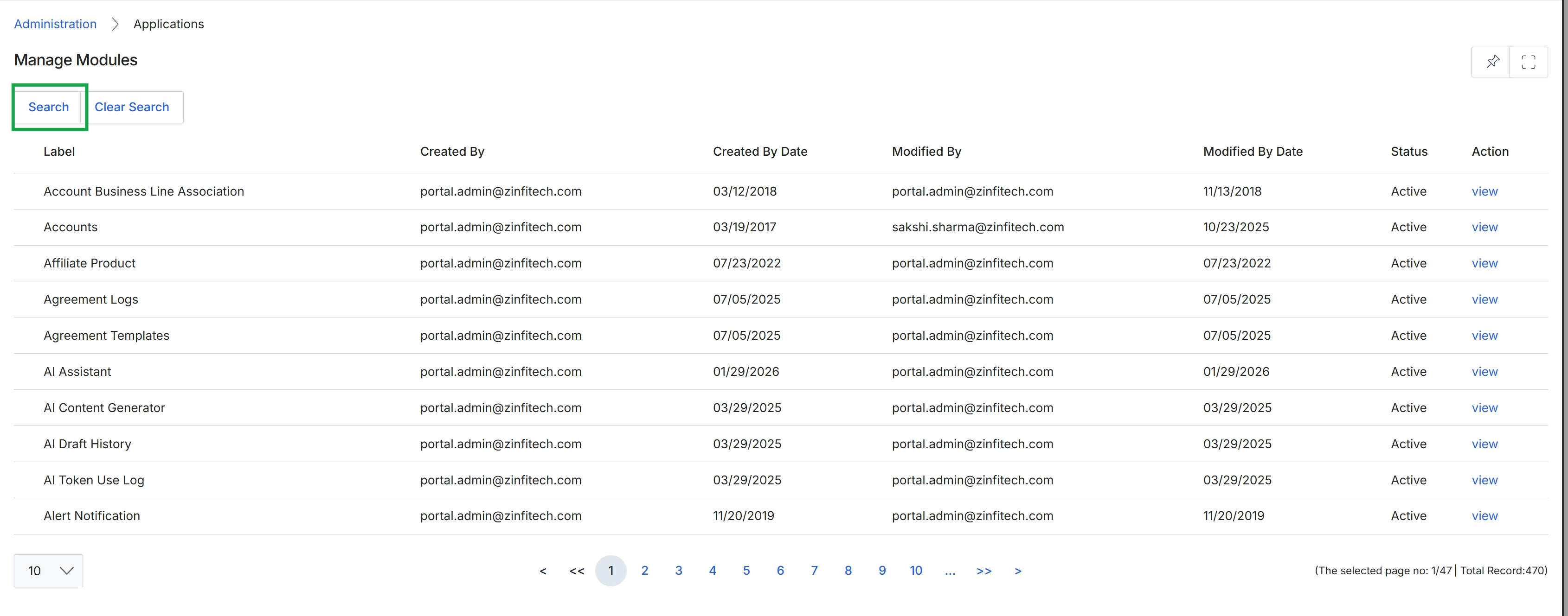 Administration module with Global Settings expanded