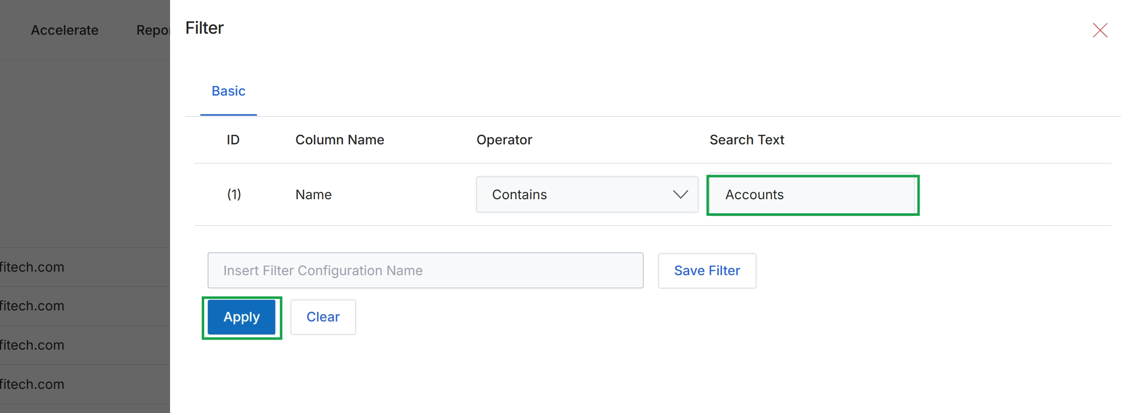 Filter panel with basic options