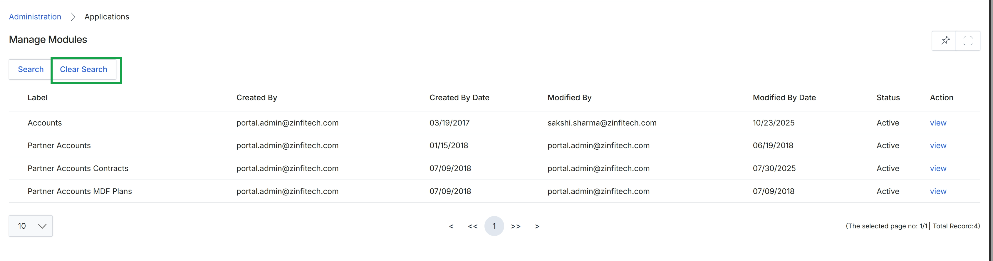 Manage Modules list view with Clear Search button highlighted