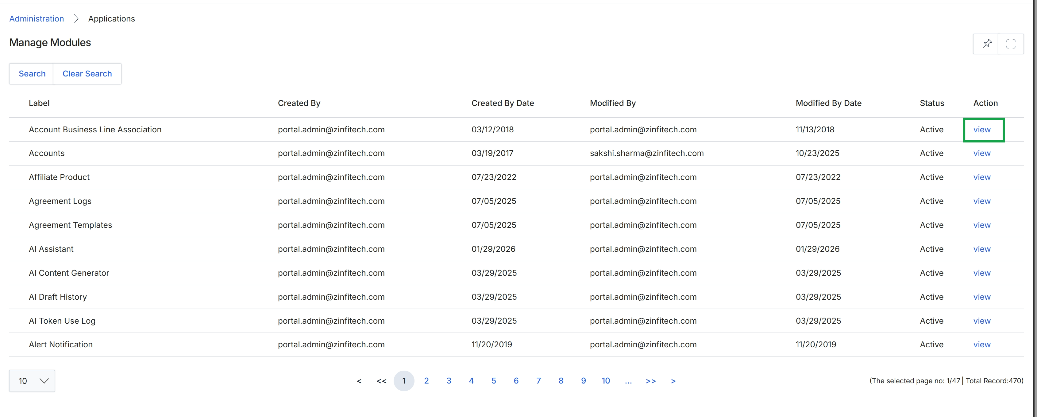 Manage Modules list view