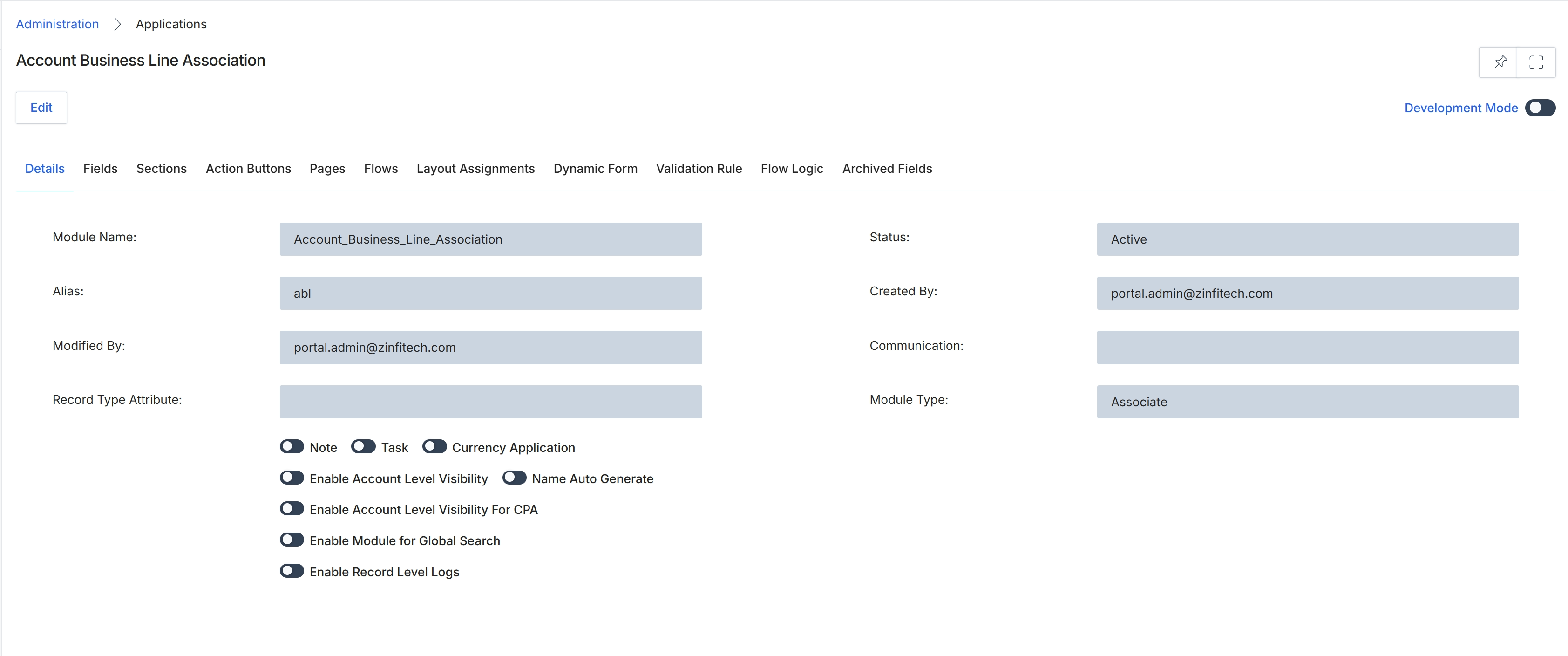 Account Business Line Association module details