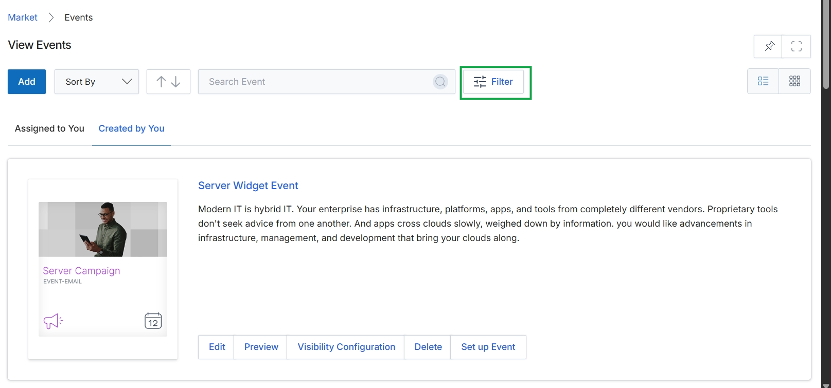 View Events page with Filter button highlighted
