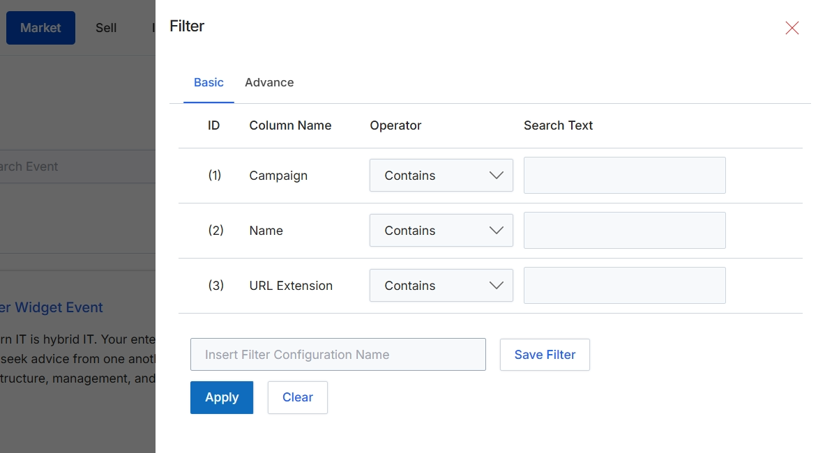 Basic filter dialog for events