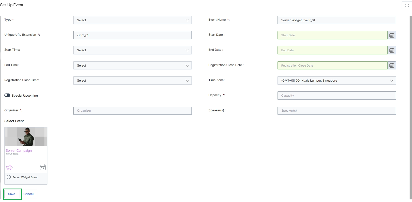 Set-Up Event form