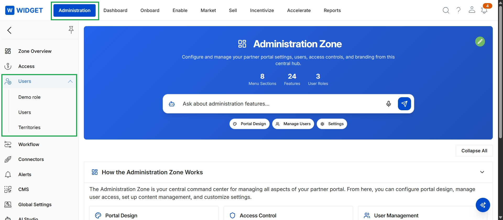 Administration Zone overview page with Users menu expanded